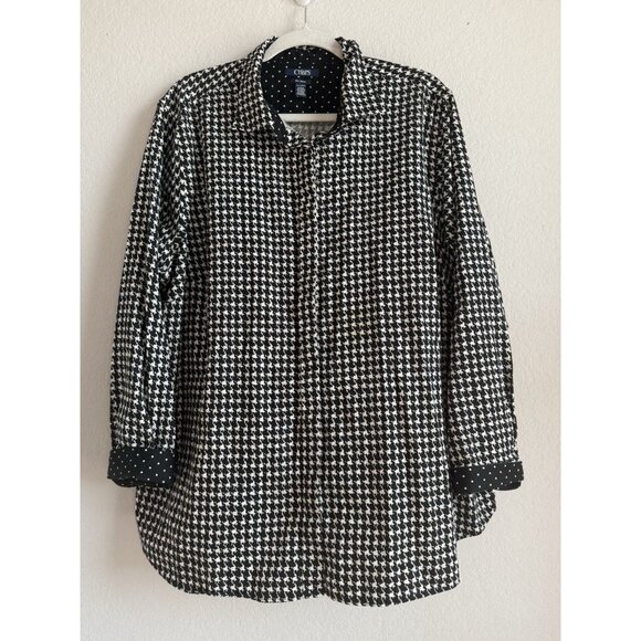 CHAPS No-Iron Button Down Black‎ White Houndstooth Contrast Cuffs Top Size 2X - Picture 2 of 10